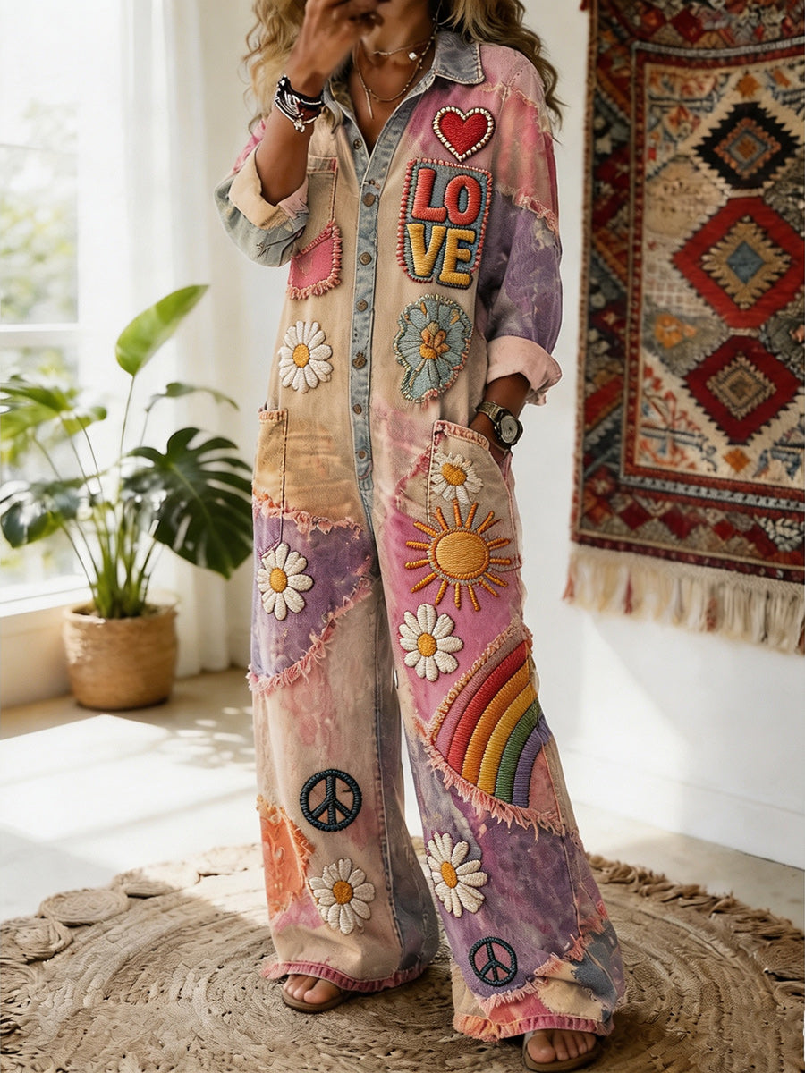 Women's Retro Style Art Print Washed V-Neck Cotton Denim Patchwork Jumpsuit